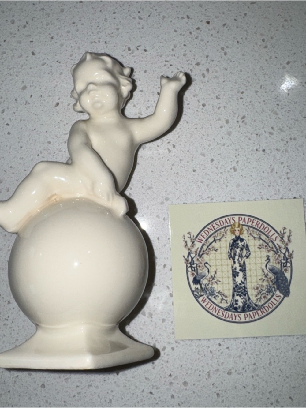 Vintage Mid-Century White Porcelain Cherub on Globe Figurine - T.A. Japan